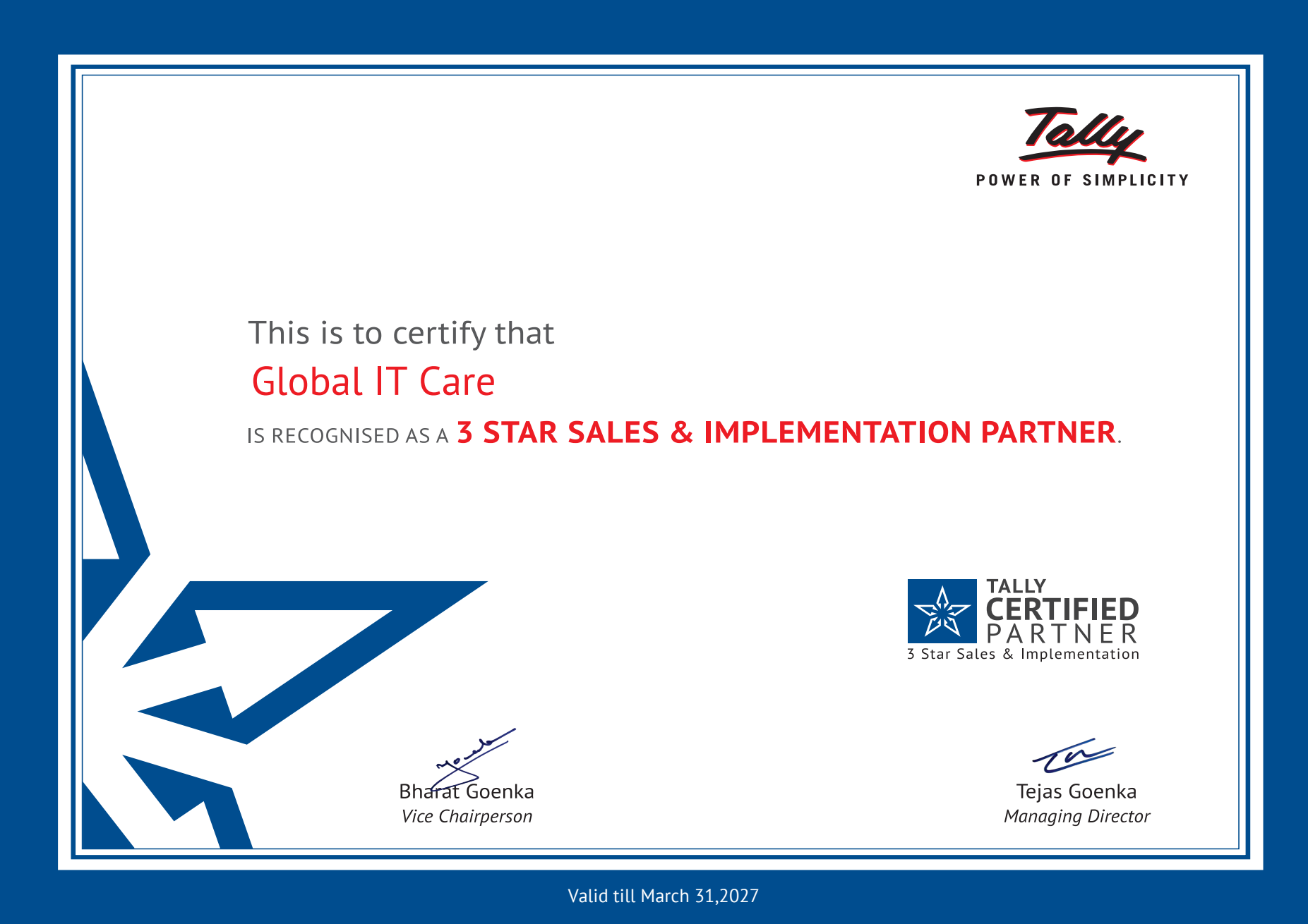 Tally certificate recognising Global IT Care as a 3 Star Sales & Implementation Partner, valid till 31 March 2027